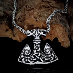 Thors Hammer Kette Wikinger Axt Anhänger mit verknoteten Wolfsmustern aus Edelstahl