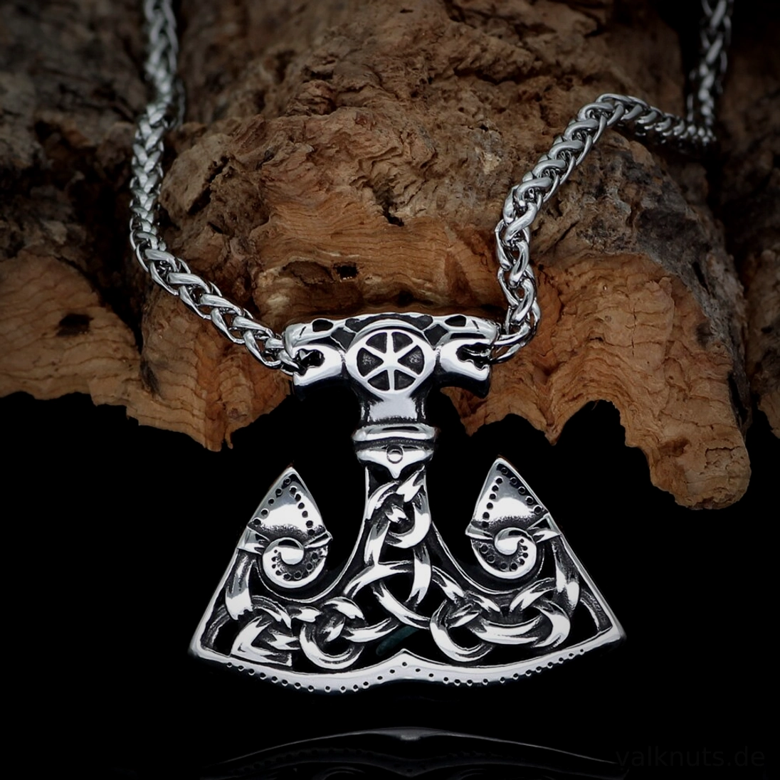 Thors Hammer Kette Wikinger Axt Anhänger mit verknoteten Wolfsmustern aus Edelstahl