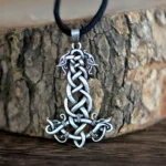 Handgemachte Thors Hammer Kette mit Wikinger Knoten und Tierköpfen, antik silber