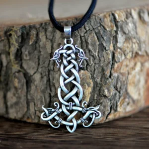 Handgemachte Thors Hammer Kette mit Wikinger Knoten und Tierköpfen, antik silber