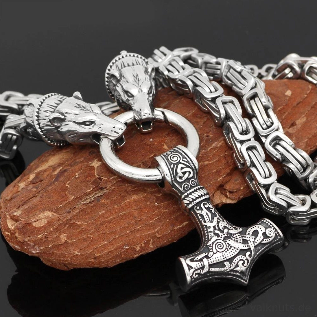 Thors Hammer Kette Wikinger Königskette mit zwei Bärenköpfen Mjolnir Amulett
