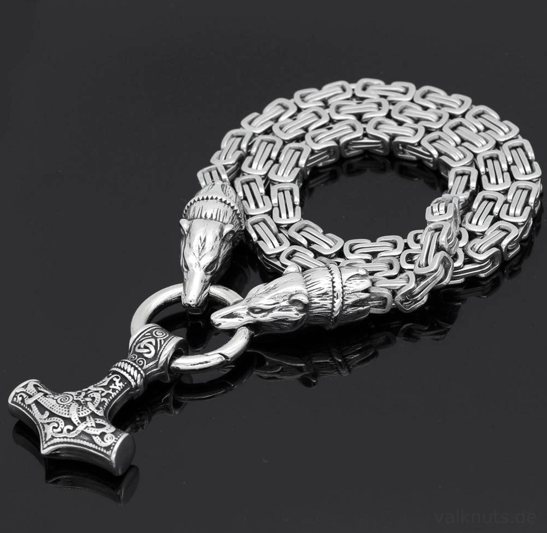Gesamte Thors Hammer Kette mit Bärenköpfen und Mjolnir Pendant