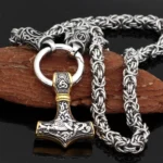 Thors Hammer Kette - Geflochtene Wikinger Königskette mit goldverziertem Mjolnir Anhänger aus Edelstahl