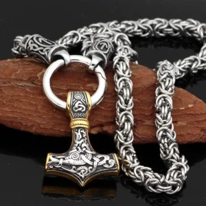 Thors Hammer Kette - Geflochtene Wikinger Königskette mit goldverziertem Mjolnir Anhänger aus Edelstahl