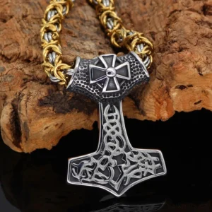 Thors Hammer Kette mit Eisenkreuz, Wikinger Mjölnir Amulett aus Edelstahl mit Valknut Geschenktasche