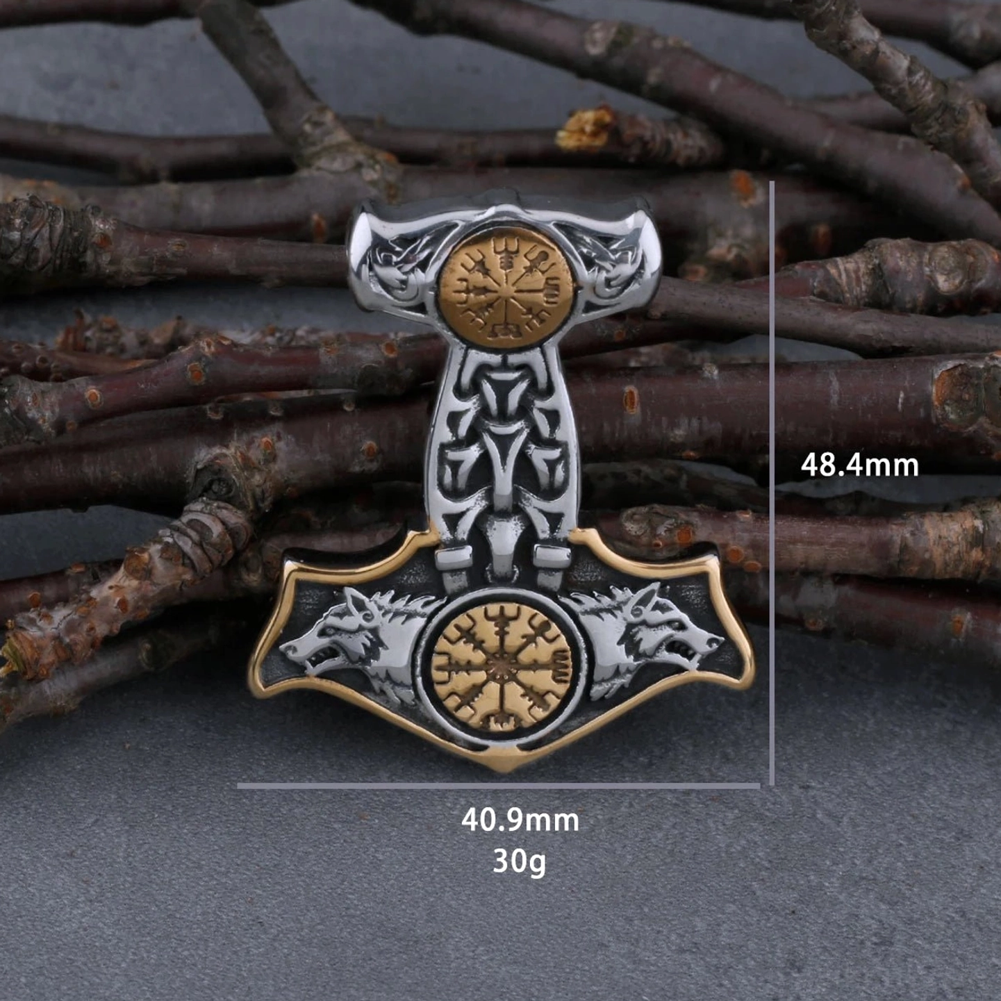 Thors Hammer Mjolnir Wolf Kette mit Odins Wölfen und Vegvisir Runen