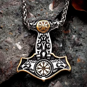 Thors Hammer Wolf Kette mit Odins Wölfen und Vegvisir aus Edelstahl