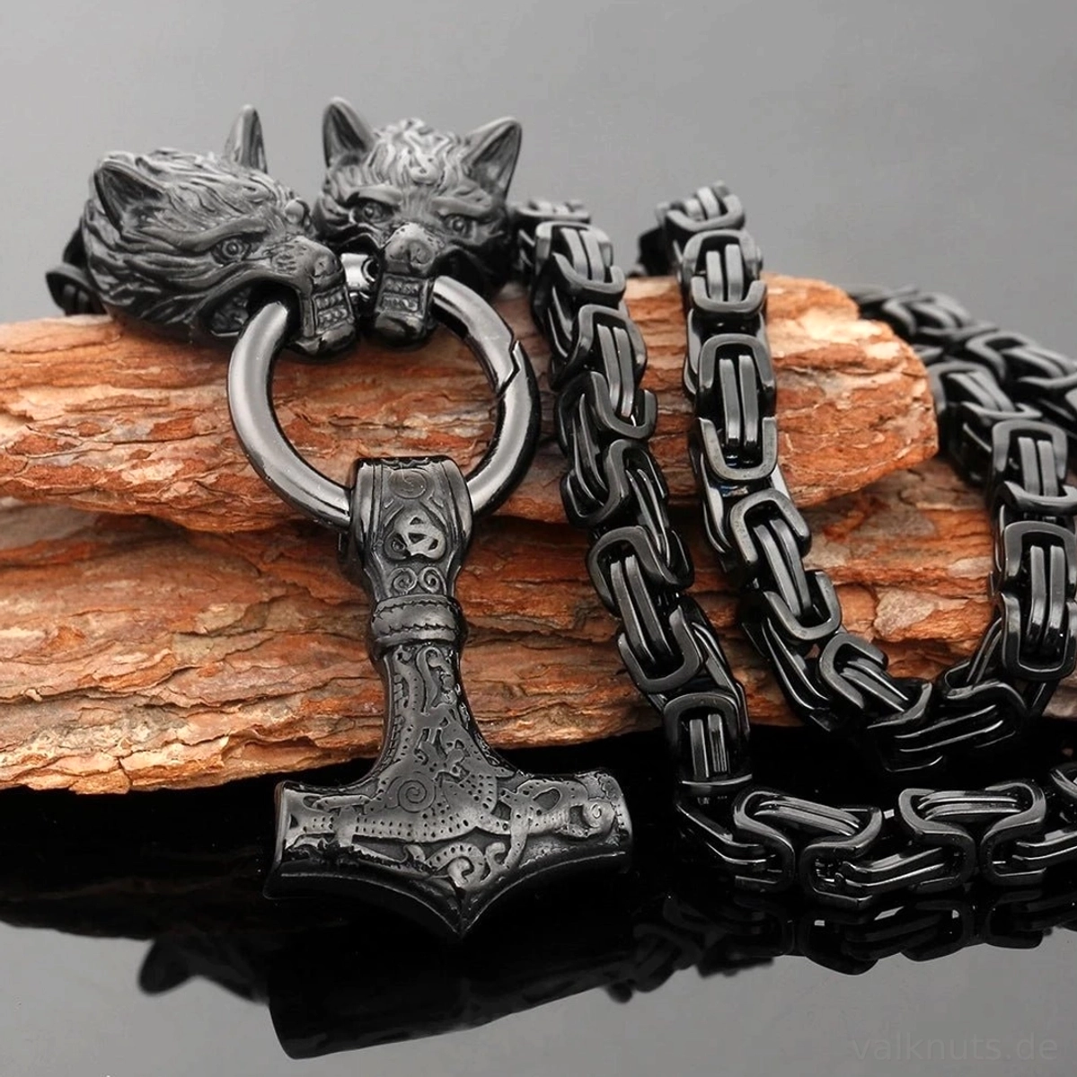 Thors Hammer Wolf Kette schwarz mit Wolfsköpfen und Mjolnir Anhänger für Männer aus Edelstahl