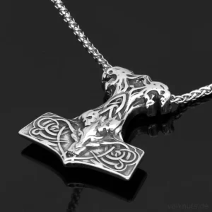 Thors Hammer Wolf Kette mit Skoll und Hati aus Edelstahl, Wikinger Mjölnir Amulett