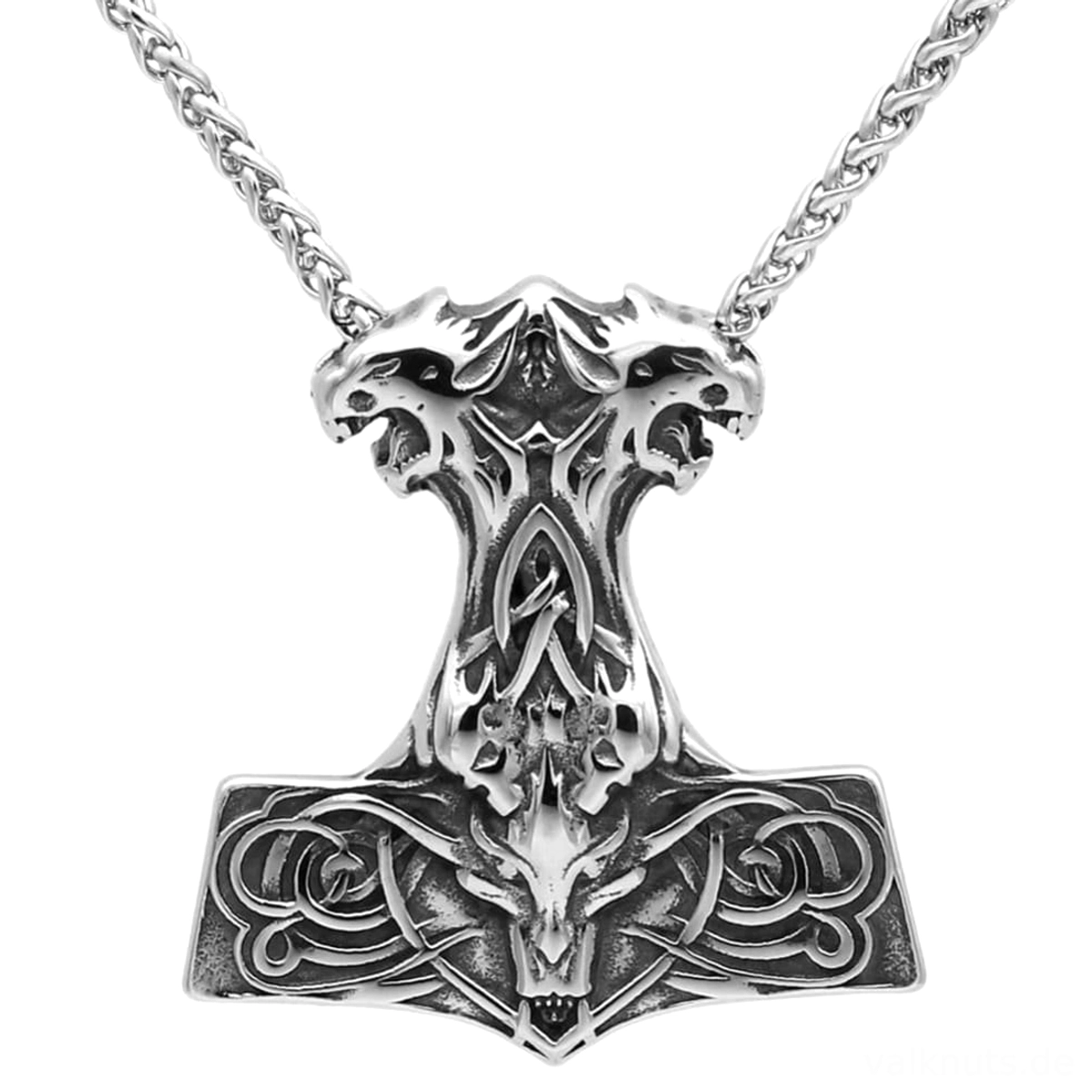 Gesamtansicht der Thors Hammer Wolf Kette mit Skoll und Hati Mjölnir Amulett