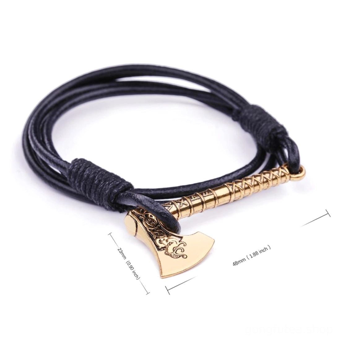 Tierverzierte Wikinger Axt am schwarzen Leder Wikinger Armband