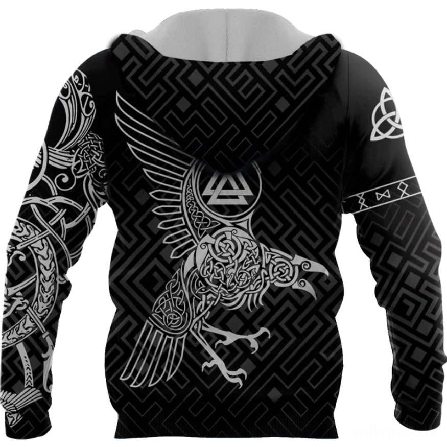 Unisex Wikinger Hoodie mit Runen und Raben Motiv, Streetstyle Wikinger Kleidung
