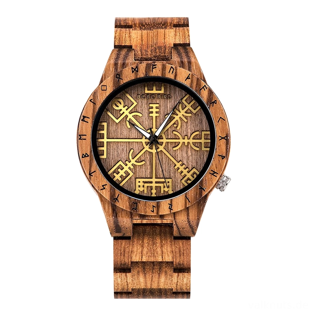 Vegvisir Wikinger Holzuhr Detailansicht des Holzmaterials