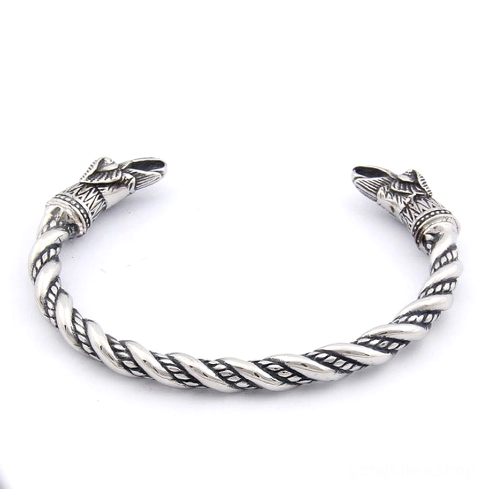 Verstellbarer Edelstahl Wikinger Armreif mit Huginn und Muninn, Seitenansicht