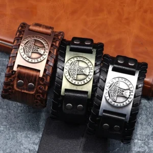 Verstellbares breites Leder Wikinger Armband mit Mjölnir und Runen