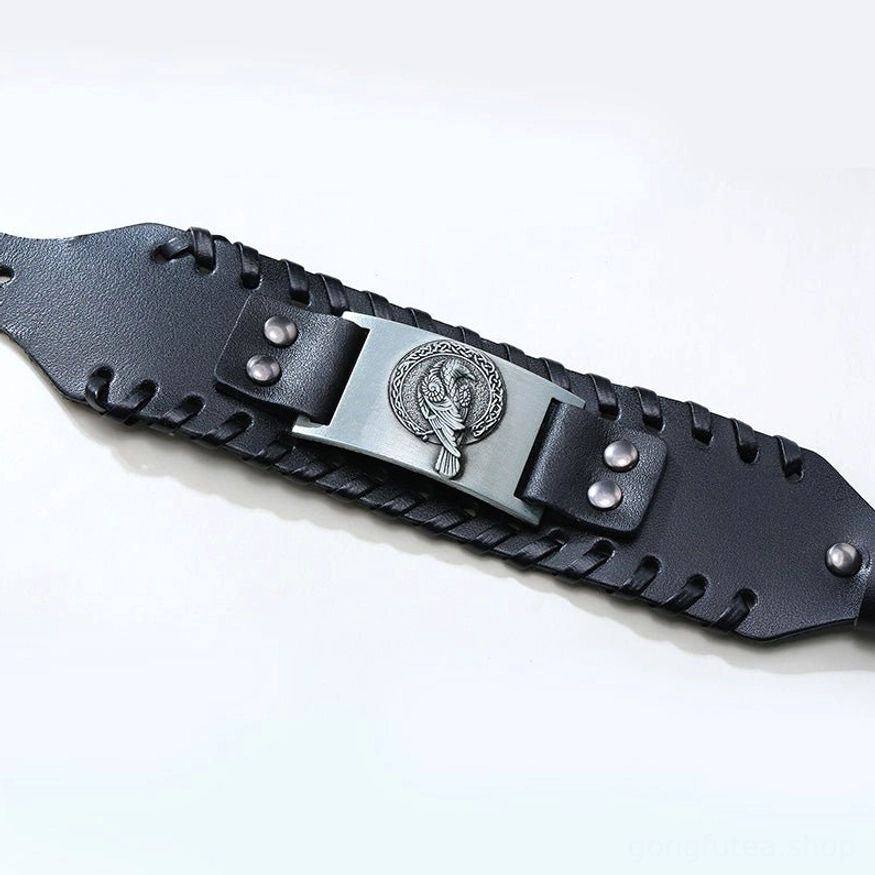 Verstellbares Wikinger Leder Armband mit schwarzem Metall Raben