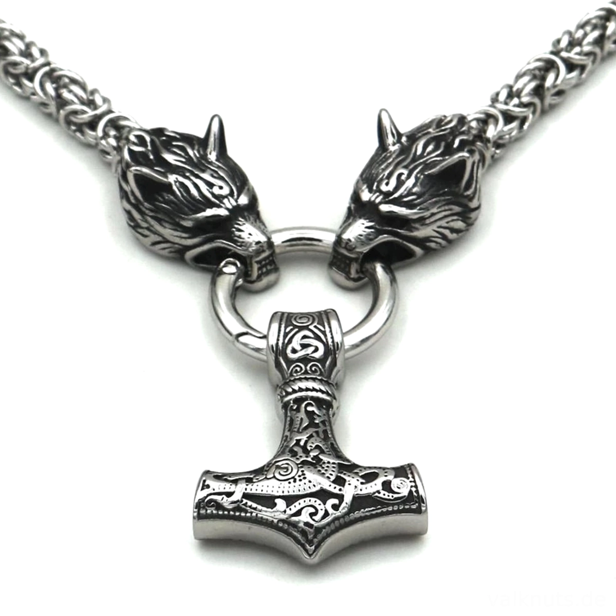 Viking Talisman Wolf Kette Thors Hammer mit Wolfsköpfen für tägliches Tragen