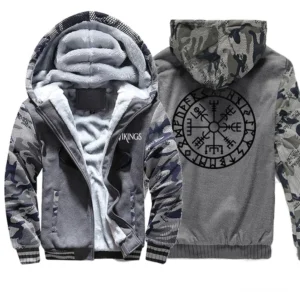 Vintage Grauer Wikinger Hoodie mit Vegvisir Symbol und Reißverschluss