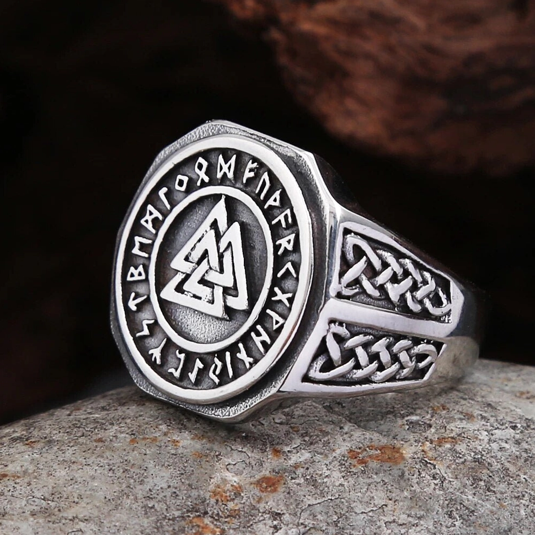 Vintage Wikinger Ring mit Valknut und keltischem Knoten für Männer, silberfarben Edelstahl
