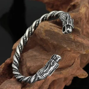 Vintage Wikinger Armreif mit Geri und Freki Symbolik aus Edelstahl