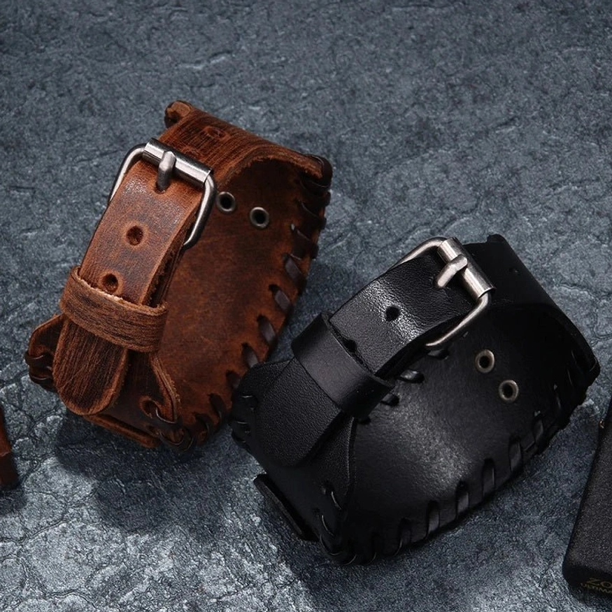 Vintage Wikinger Leder Armband mit Mjölnir und Wolfskopf Details