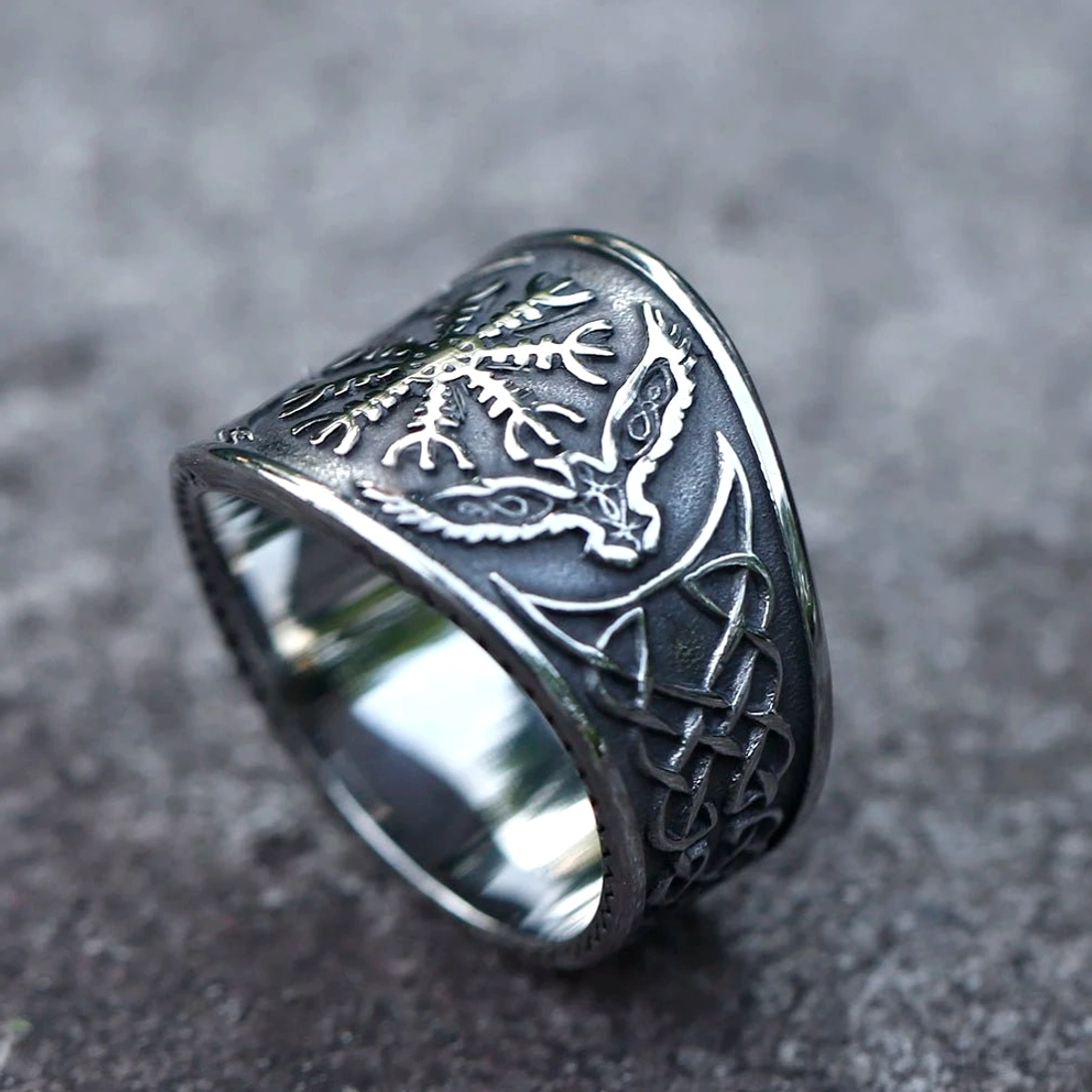 Vintage Wikinger Ring mit Aegishjalmur und Odins Raben für Männer