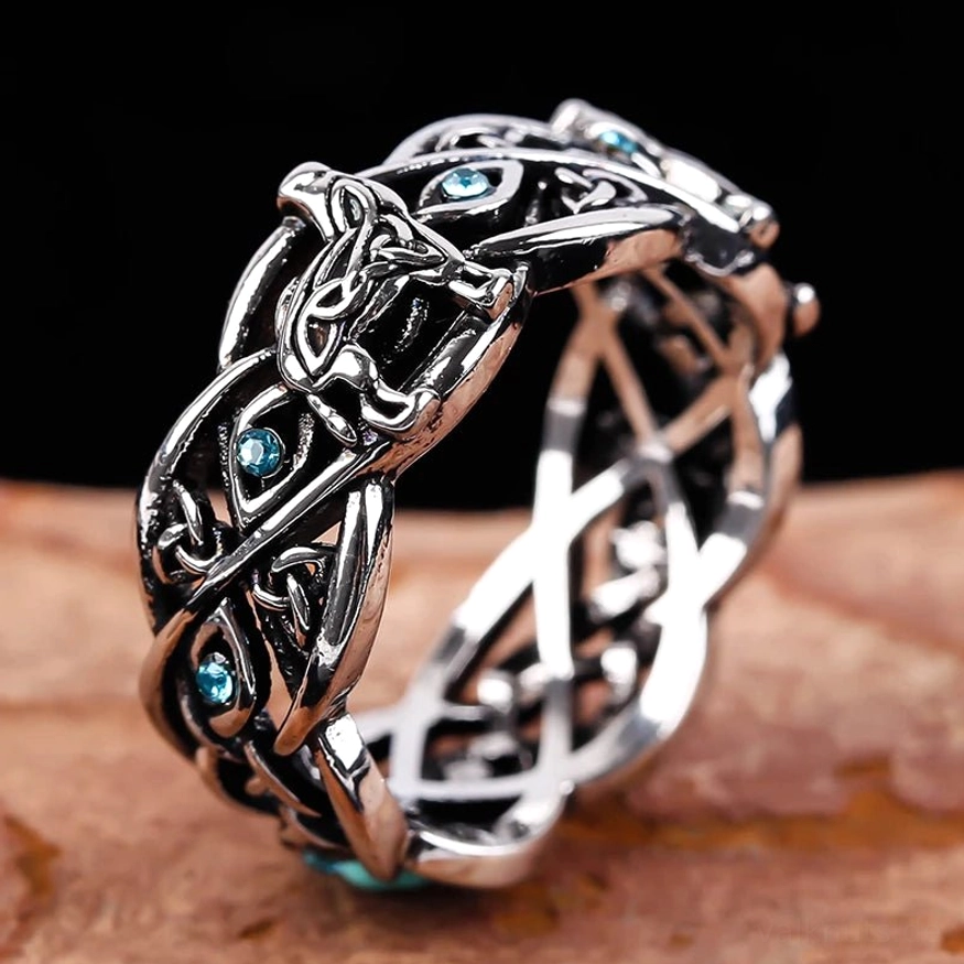 Vintage Wikinger Ring Wolf Detail der blauen Zirkon Augen