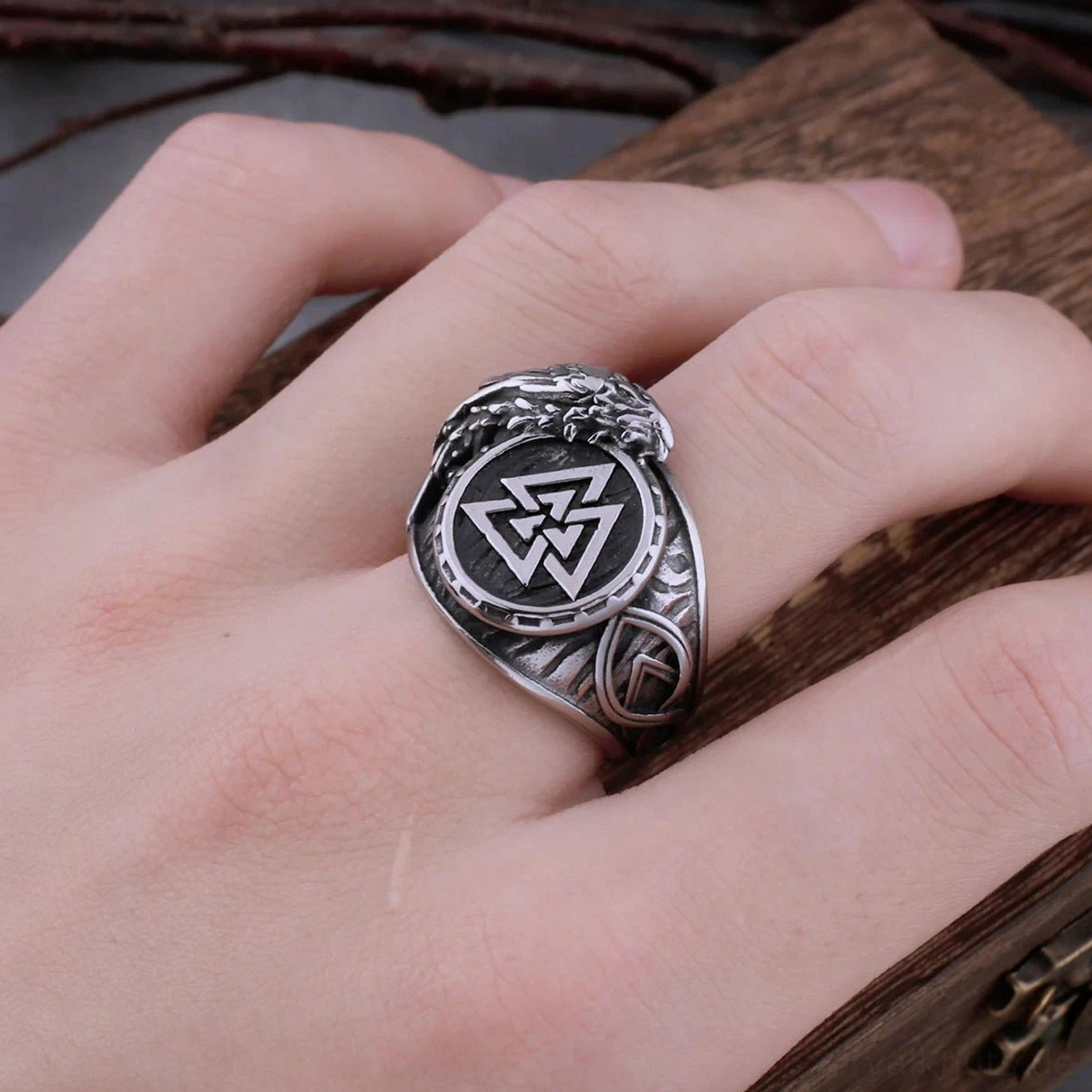 Vintage Wikinger Ring mit Valknut und Odins Raben für Männer