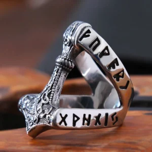 Vintage Wikinger Ring Mjolnir Thors Hammer mit Odin Runen, Edelstahl Amulett für Männer