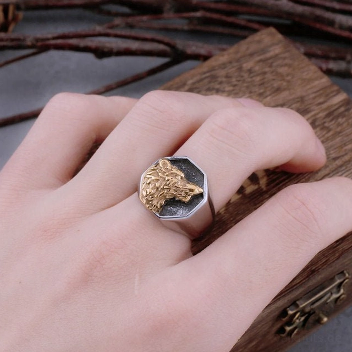 Vintage Wikinger Wolfskopf Ring Gold für Biker und Wikingerkultur Liebhaber