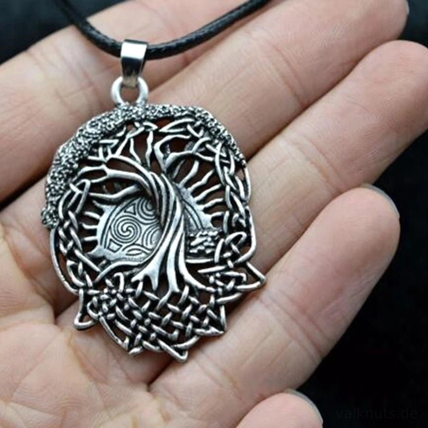 Vintage Yggdrasil Kette Wikinger Amulett mit schwarzer Lederkette
