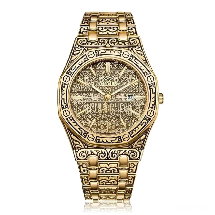 Vollständige goldene Wikinger Uhr Valhalla ON3812 mit Gravur
