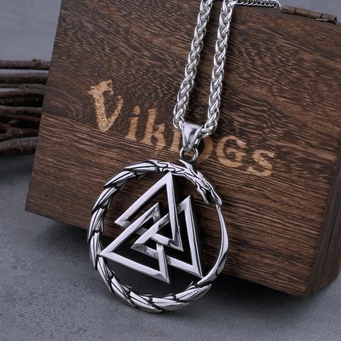 Wikinger Amulett Halskette, Ouroboros Drache umschließt Valknut Symbol