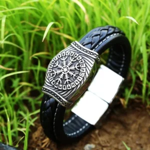 Wikinger Armband mit Aegishjalmur Symbol aus schwarzem Leder und Edelstahl