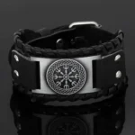 Wikinger Armband mit Aegishjalmr aus schwarzem Leder für Männer und Frauen