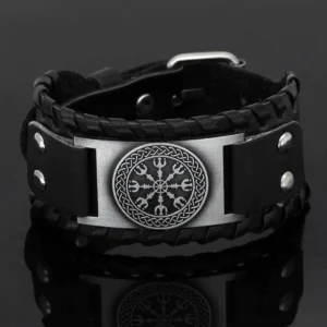 Wikinger Armband mit Aegishjalmr aus schwarzem Leder für Männer und Frauen