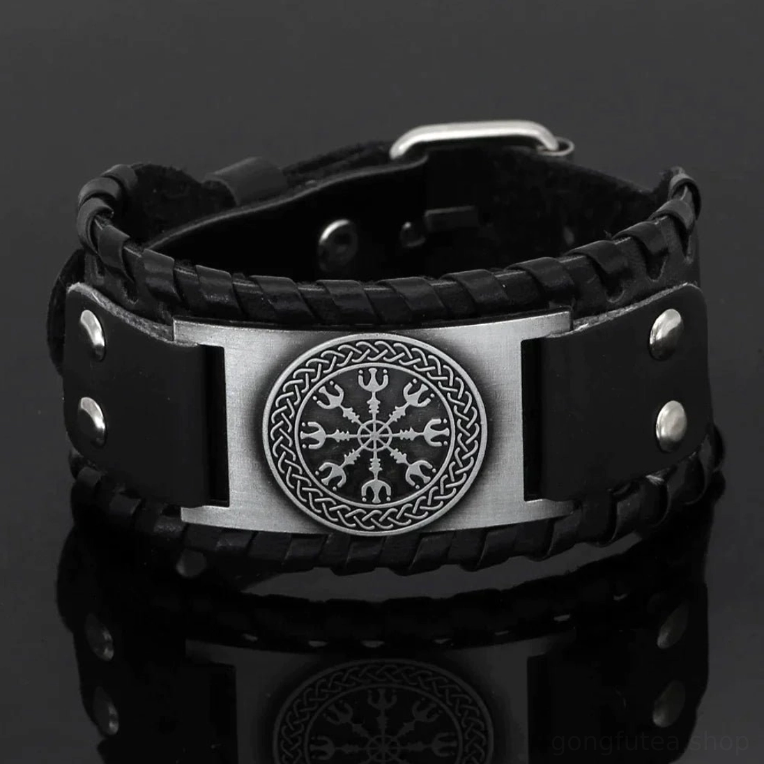 Wikinger Armband mit Aegishjalmr aus schwarzem Leder für Männer und Frauen