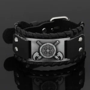 Wikinger Armband aus Leder mit Kreuzäxten Motiv, Wikingerschmuck für Männer und Frauen