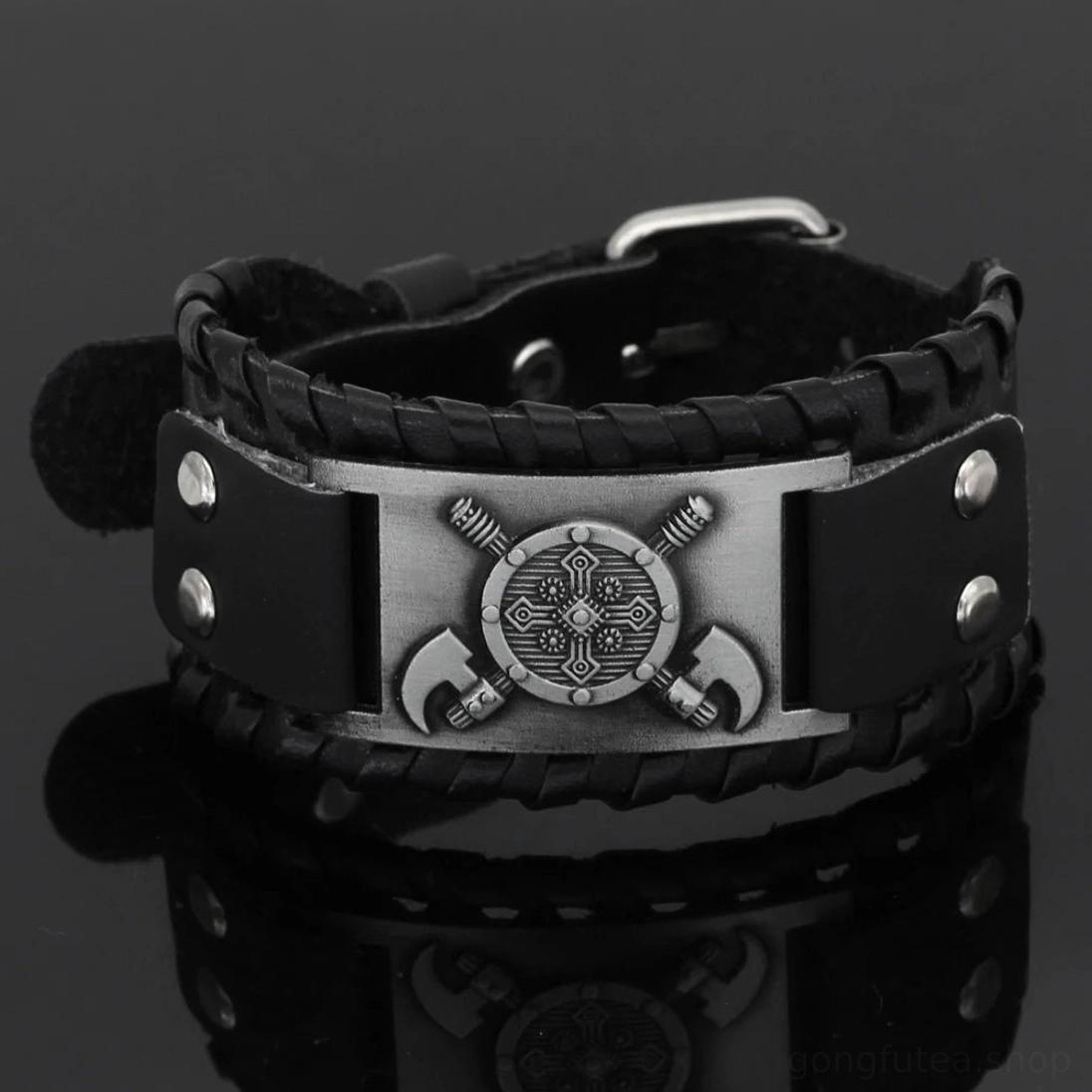 Wikinger Armband aus Leder mit Kreuzäxten Motiv, Wikingerschmuck für Männer und Frauen