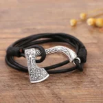 Wikinger Armband mit Axt Drachenkopf aus Leder