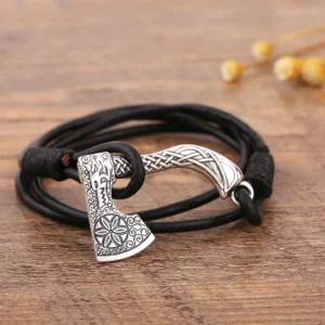 Wikinger Armband mit Axt Drachenkopf aus Leder