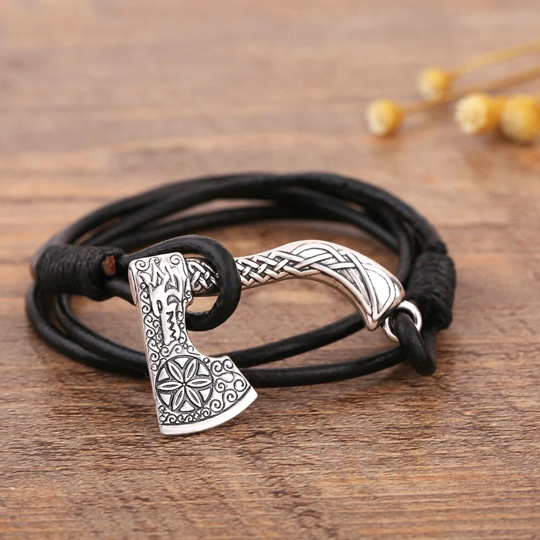 Wikinger Armband mit Axt Drachenkopf aus Leder