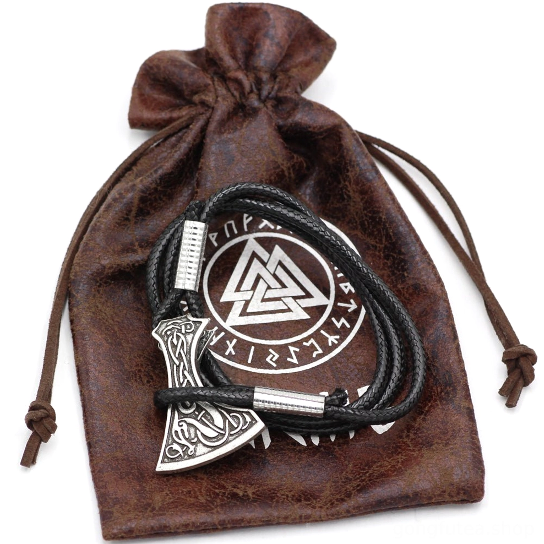 Wikinger Armband aus Leder mit Axtkopf mit original Wikinger Verpackung
