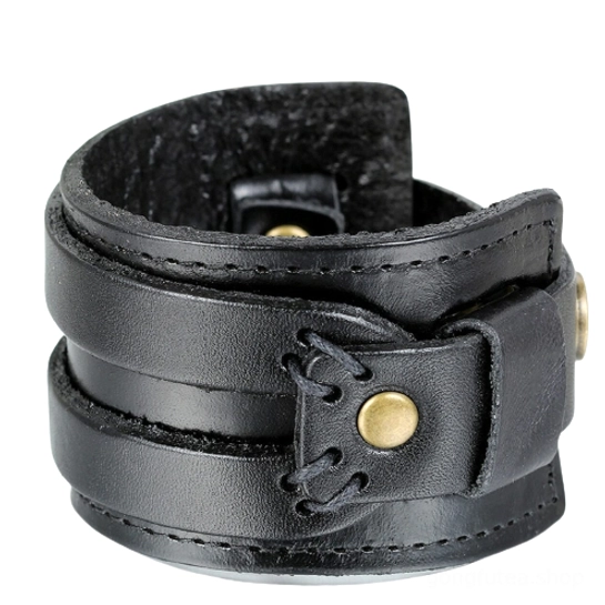 Wikinger Armband, Seitenansicht des mehrlagigen Leders, Detail des Metallverschluss