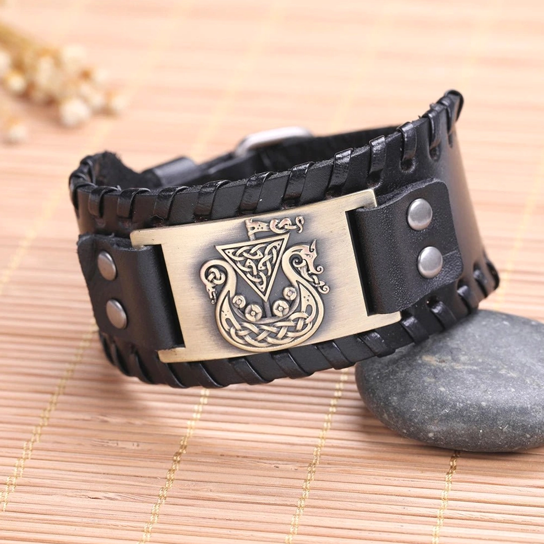 Wikinger Armband mit Drakkar Langschiff Design aus geflochtenem Leder für Männer