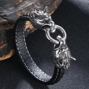 Wikinger Armband mit Fenrir Wolf Köpfen aus Leder und Edelstahl