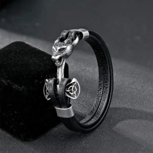 Wikinger Armband aus Leder mit silbernem Fenrir Wolfskopf