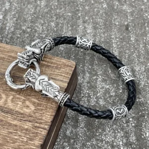 Wikinger Armband Geri und Freki aus schwarzem geflochtenem Leder mit bronze Runenperlen