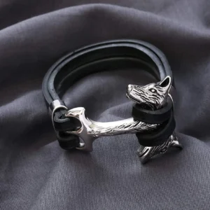 Wikinger Armband Geri und Freki Wölfe aus Leder und Edelstahl