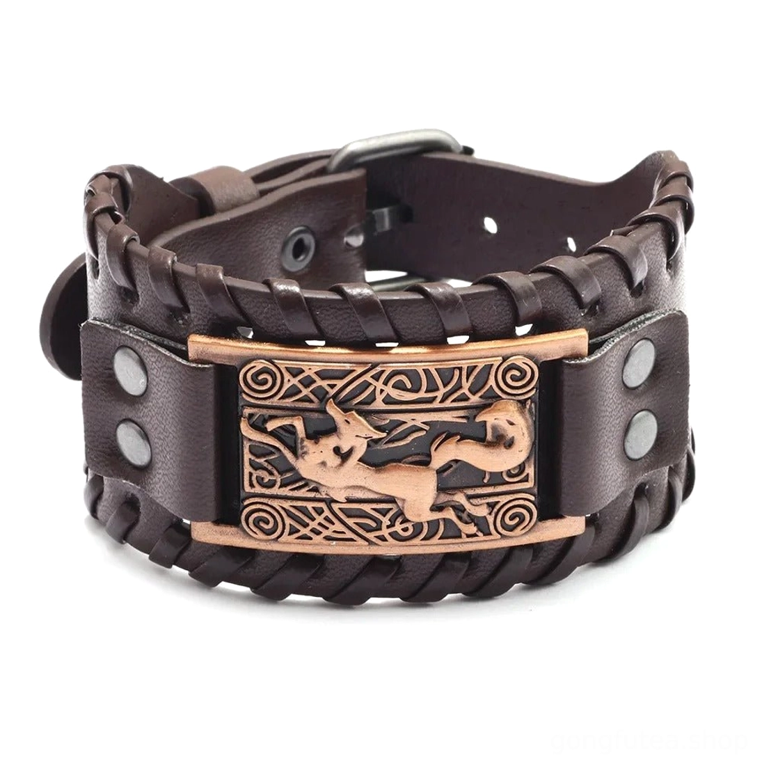 Gewebtes Wikinger Armband mit metallischer Fuchs Gravur